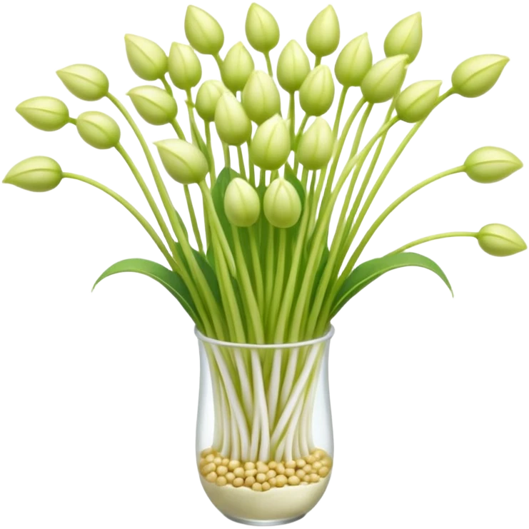 soybean sprouts, small cluster, fresh, pale white stems, light yellow-green tips, long crisp shape, slightly translucent, gentle curves, loose arrangement, no bowl, garnish, or water, soft lighting, emoji scale emoji