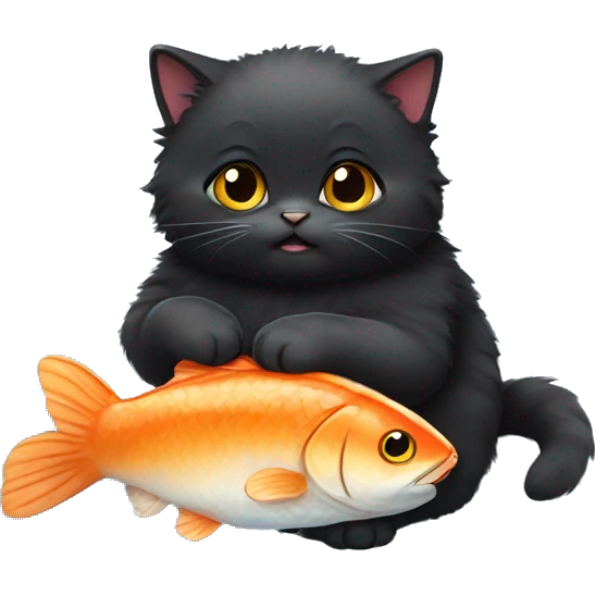 fluffy fat black kitten eating fish emoji