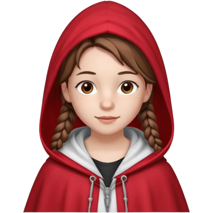 A 12-year-old girl, with fair skin, freckles, and a warming smile that shows her pale pink lips. She has big brown eyes and normal eyebrows. Her brown hair is styled in French braids that reach her breasts. She wears a bright red hooded cloak with the hood drawn over a pretty white tank top. emoji