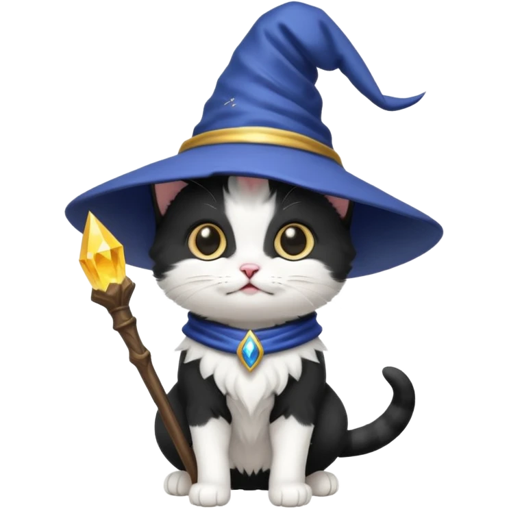 playful black and white kitten with a wizard hat emoji