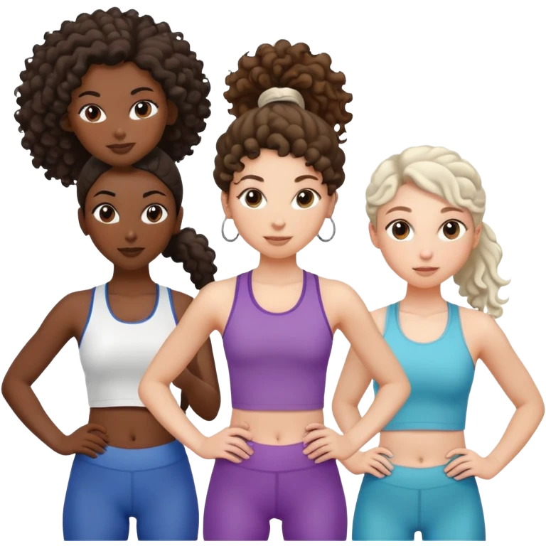 three women friends exercising together, one black woman with curly brown hair, one pale white woman with curly brown hair, and one pale white woman with straight brown hair in a ponytail emoji