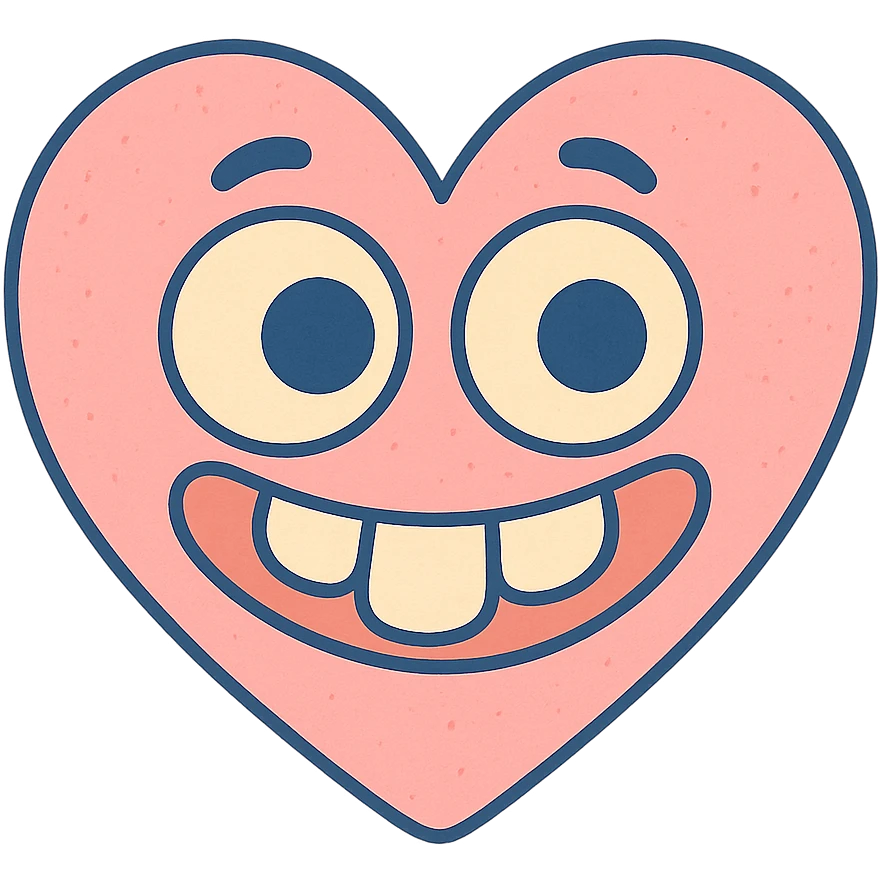 funny children's drawing of a heart with big eyes and a silly grin, pastel colors emoji