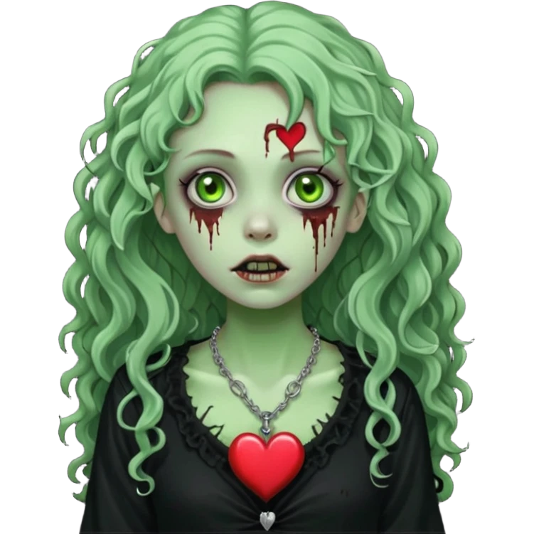 a green zombie girl with a scar on her face, long curly hair, wearing a black blouse and a silver necklace with a heart pendant. emoji