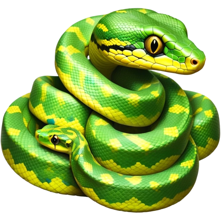 cinematic-green tree python-realistic-full-body-coiled-emoji,-thick-scaled-body-looped-tightly,-intricate-tellow and green-patterned-scales-reflecting-light,-head-tilted-dramatically,-slitted-eyes-staring-calmly,-simplified-yet-realistic-focused-feature emoji