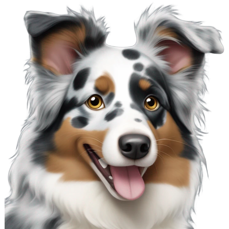 Australian Shepherd Blue Merle with Blue eyes, ran around the snout one ear spotted one ear black with a white spot smiling happy tongue out emoji