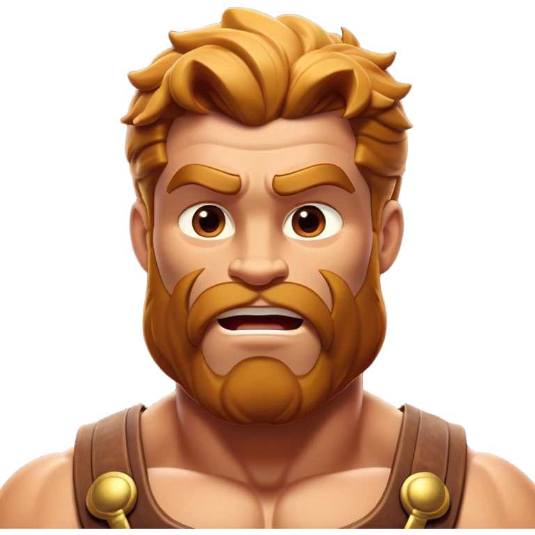 Cinematic Realistic Hercules Portrait, head tilted dramatically with an exaggeratedly amused expression, featuring a bold yet playful demeanor. His rugged, muscular form and finely detailed classical garb are rendered with dynamic lighting and robust textures, conveying a rare moment of lighthearted mirth from a timeless legend. emoji