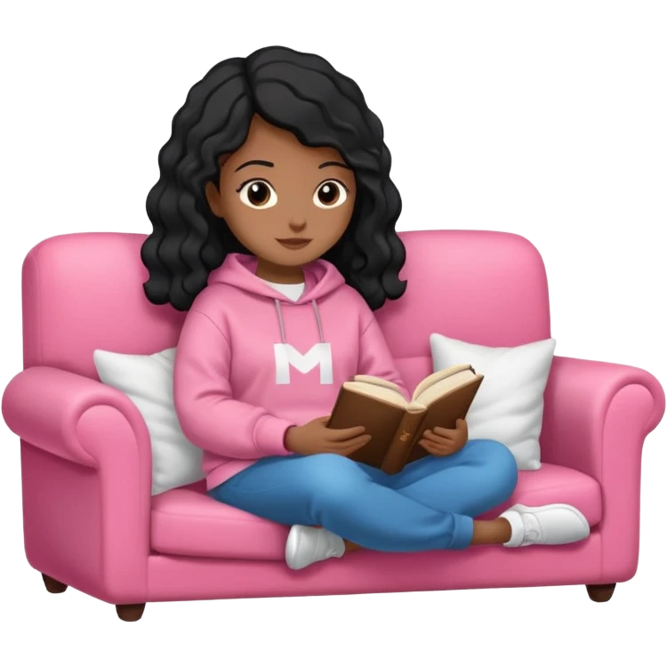 Una chica linda de cabello negro con ondas hasta los hombros de piel blanca con una sudadera rosa en un sofá cómodo y hermoso leyendo la biblia emoji