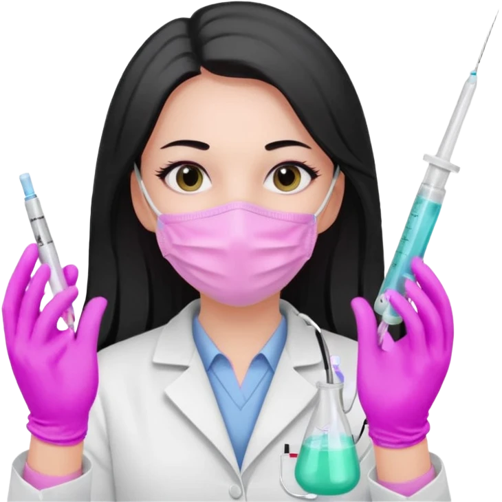laboratorista con guantes rosa pastel y mascarilla rosa pastel jeringa tubo laboratorio sin lentes pelo lacio negro y largo emoji