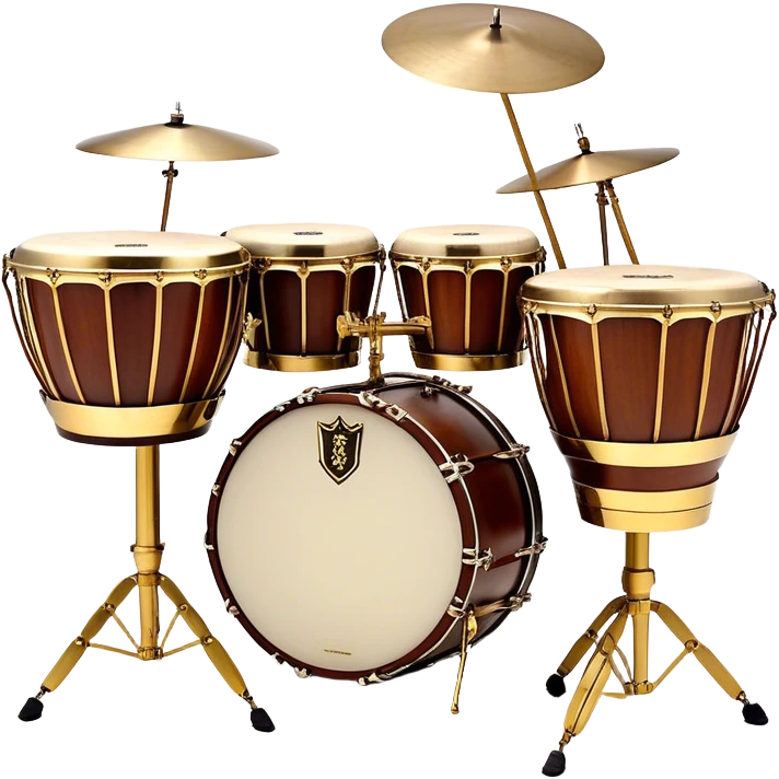 Create a professional, emblem-like emoji representing percussion instruments, including both traditional and folk drums. Feature a snare drum, bass drum, timpani, cymbals, marimba, tambourine, djembe, bongos, cajón, triangle, castanets, and ratchets in a balanced, heraldic composition. Crossed drumsticks at the center symbolize rhythm, while a ribbon of musical notes weaves around the instruments. Use rich gold, mahogany, and silver tones with polished highlights. Add laurel wreaths and subtle engravings for a grand, festive feel. The design should be harmonious, visually complete, and on a transparent background. emoji