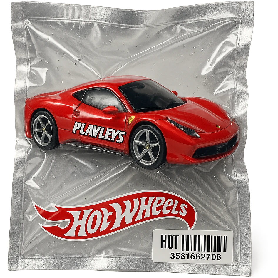 red Ferrari in Hot Wheels packaging, 'PLAVLEYS' written on the side in dynamic racing font, glossy, vacuum-sealed style emoji