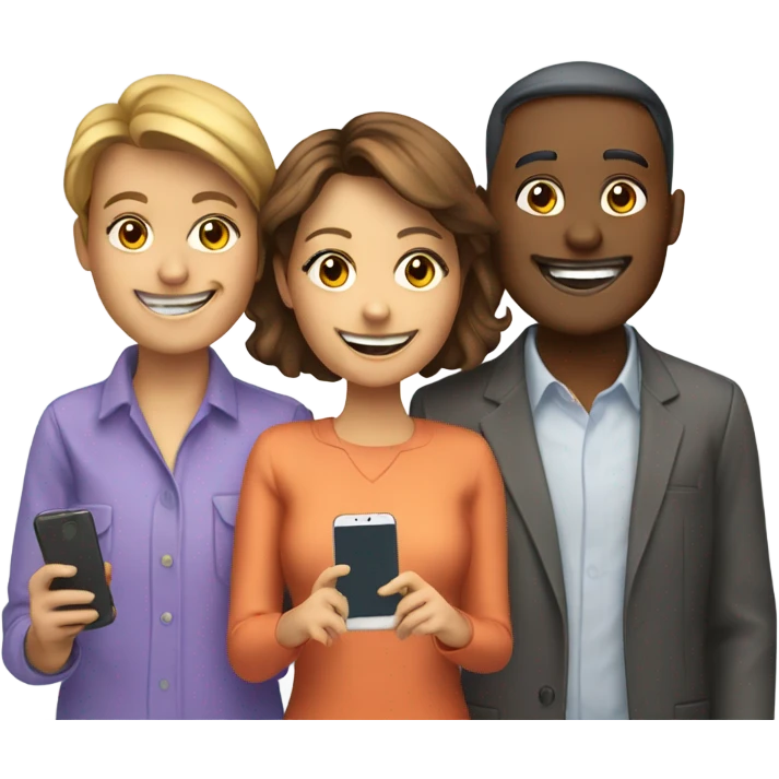 group with three happy person with a smartphone showing charts emoji
