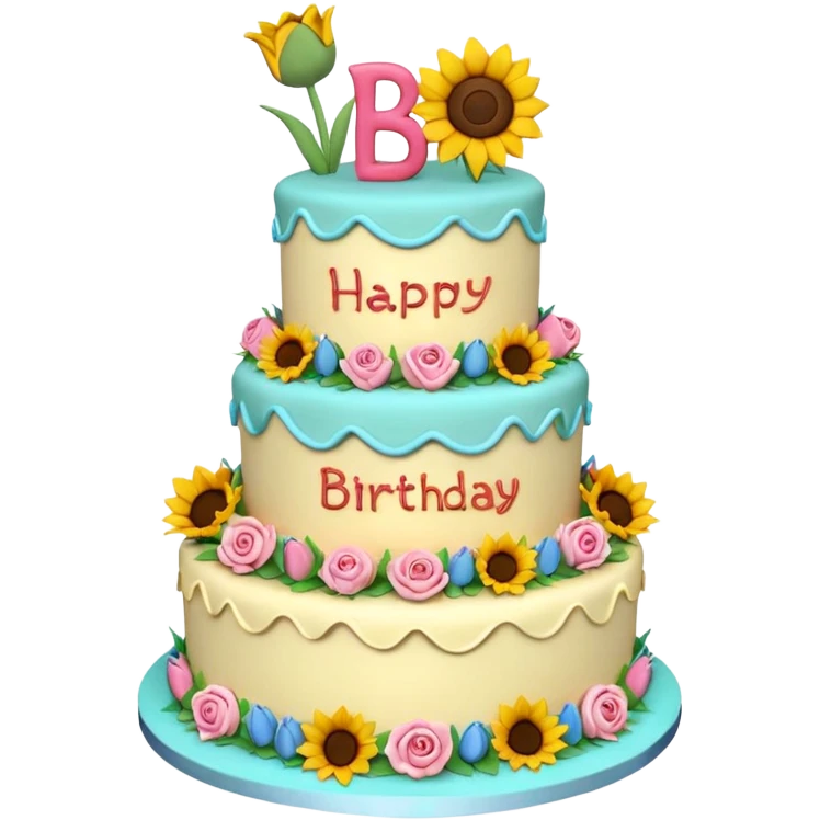 A large three teir cake with top layer decorated with roses, middle with Sunflowers and bottom layerwith Tulips and Happy Birthday Dear written on top. emoji