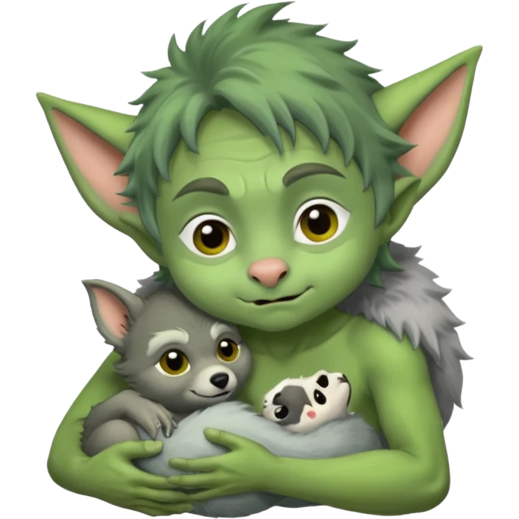 A little goblin nursing a baby wolf emoji