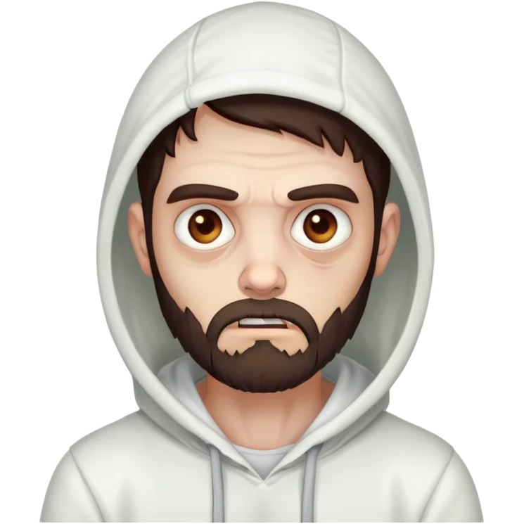 thinking zombie wearing white hoodie, with dark brown hair and short full beard emoji
