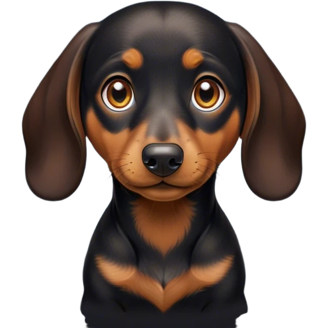 Cinematic Cute black and tan Dachshund Portrait Emoji, Head tilted playfully and inquisitively, featuring a glossy black and tan coat with a sleek sheen, round, sparkling brown eyes filled with curiosity, Simplified yet irresistibly adorable features, highly detailed, glowing with a warm, friendly glow, high shine, affectionate and spirited, stylized with a touch of whimsy, bright and endearing, soft glowing outline, capturing the essence of a mischievous yet loving pup, so playful it feels like it could dash out of the screen and into your arms! emoji