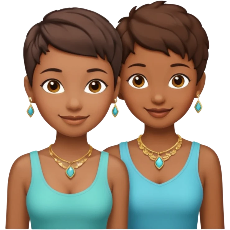 One black girl and one light brown girl and brown colored besties with brown hair pixie cuts wearing jewelry  both brown hair  emoji