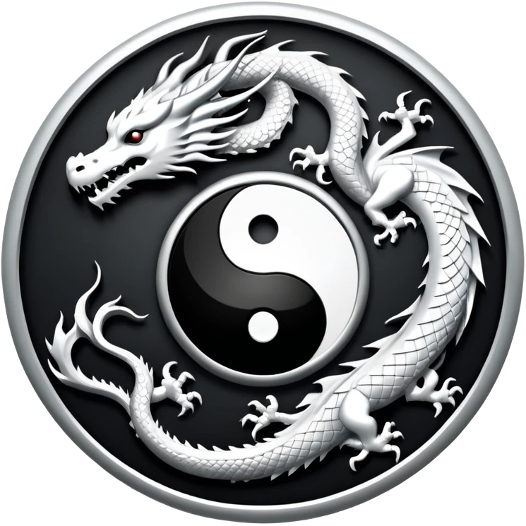 An icon symbolizing Eastern martial arts in the style of an emblem, featuring a black-and-white Yin-Yang symbol and a dragon at the center, surrounded by elements like a dojo. Transparent background highlights balance and power. emoji