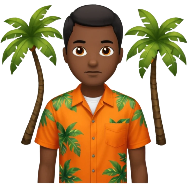 create an emoji of a man in mamma Mia but with very short black hair, dark skin, dark brown eyes and an orange and tropical shirt with short sleeves emoji