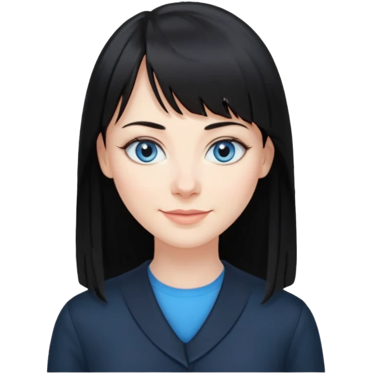 40 yr old woman long straight black hair, pale skin, blue eyes, black clothes, small smile, bangs emoji
