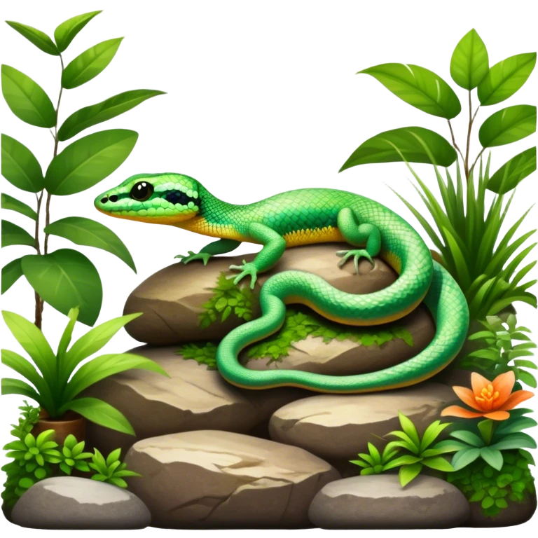 Close-up of a vibrant gecko and a snake coiled on rocks, surrounded by lush greenery and terrarium plants. Soft natural lighting enhances the textures and colors of their scales. Transparent background, with a focus on the reptilian details. emoji