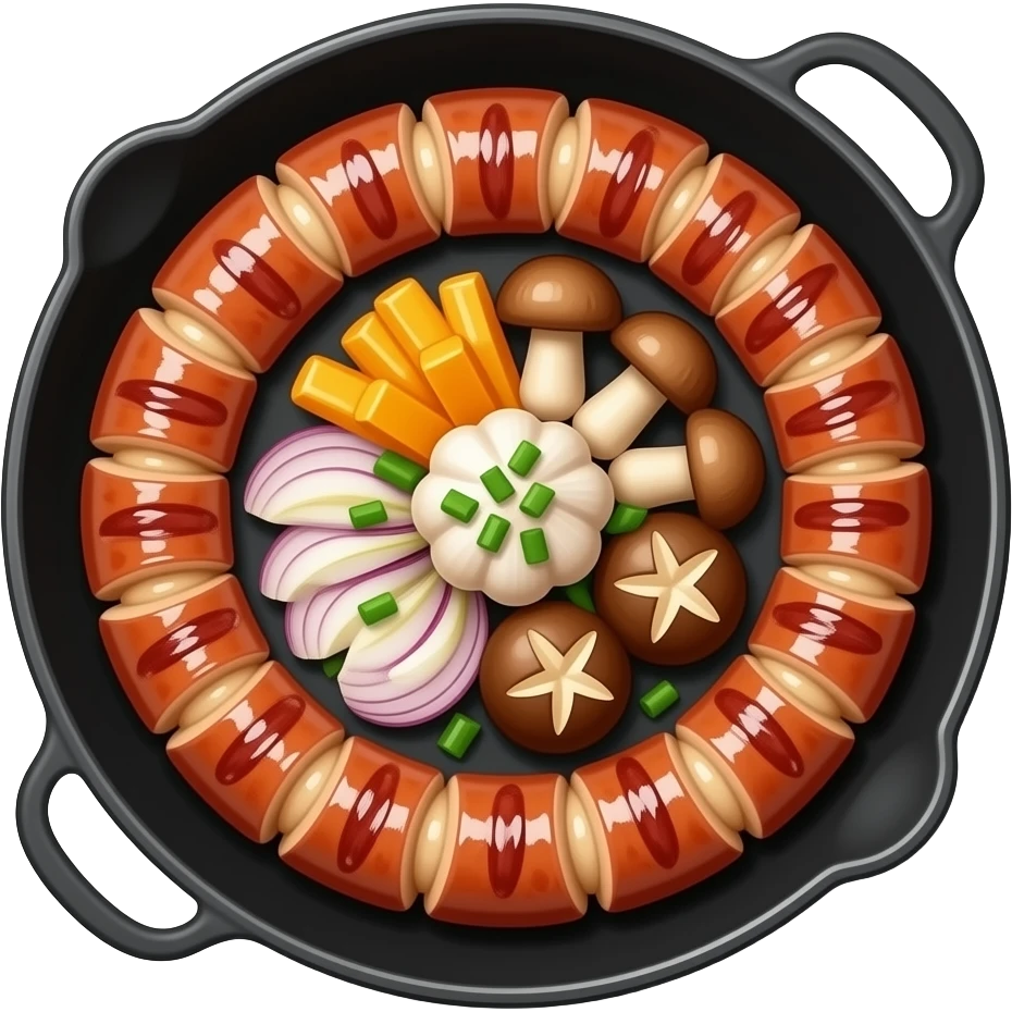 korean gopchang platter, grilled intestines arranged in a circle, garlic, king oyster mushrooms, onions, chives, glossy oil texture, black pan, top view, warm lighting, realistic food photography emoji