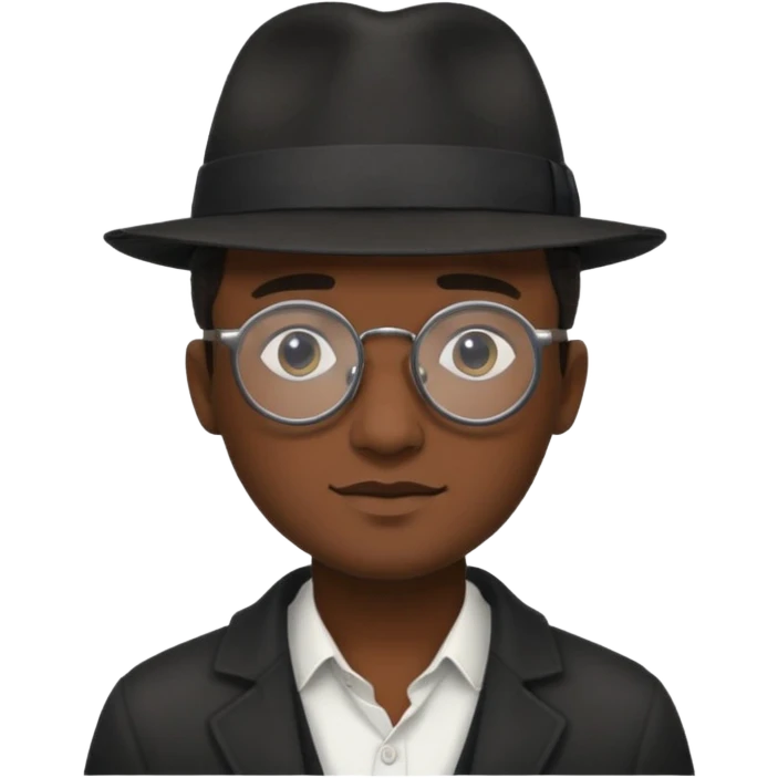 A man emoji with dark skin, wearing round glasses and a black fedora hat, with a clean-shaven face. emoji
