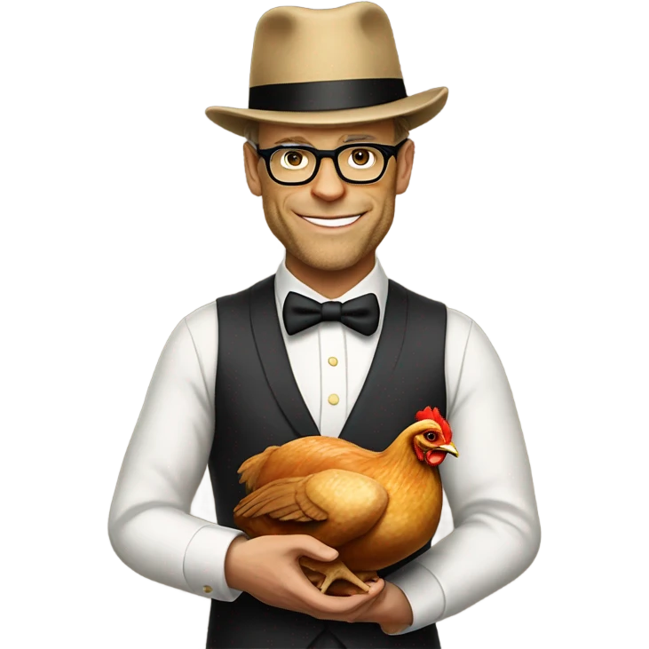 Alton brown wearing bowler hat holding a roasted chicken emoji