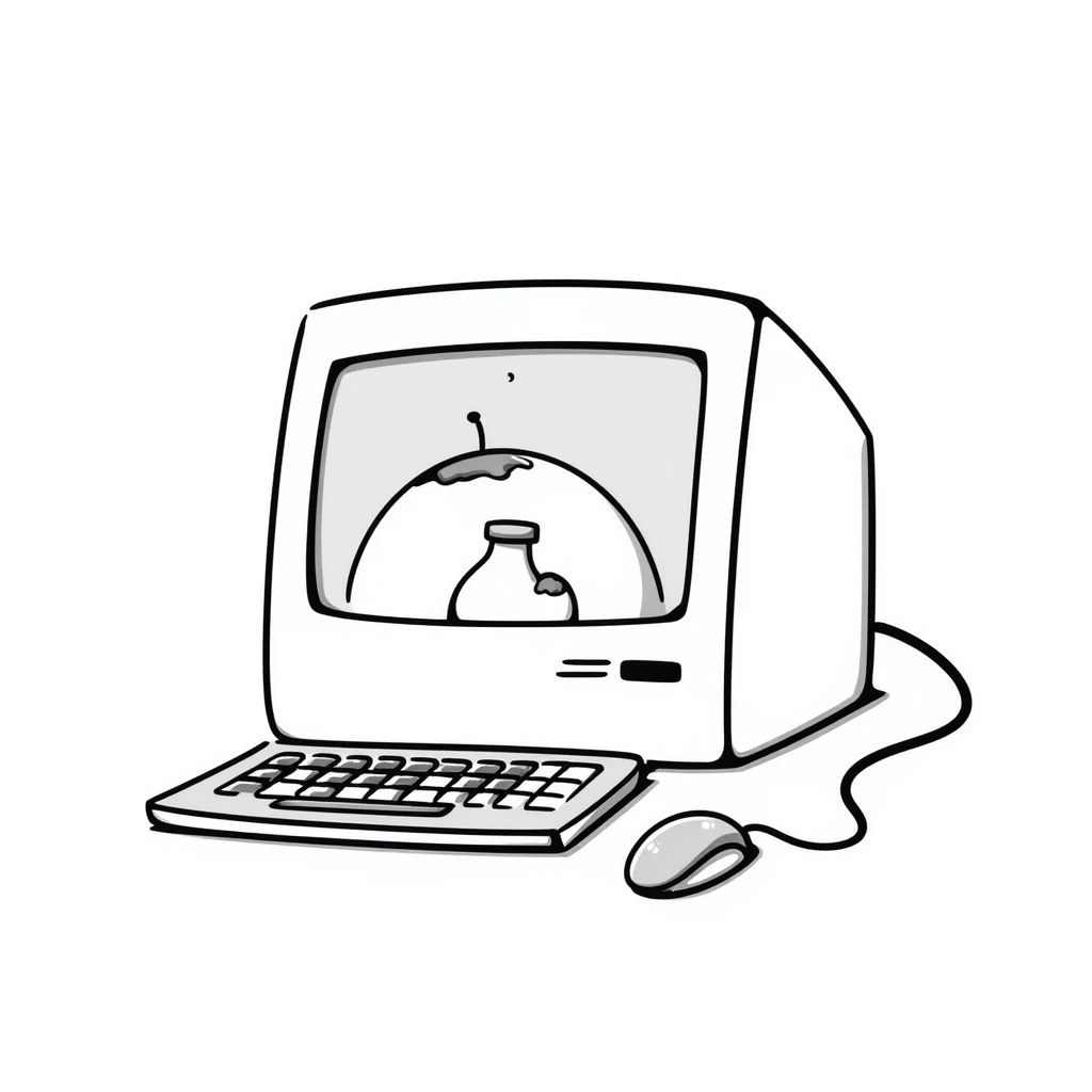 Pixel art style old Macintosh computer, simple monochrome linework emoji