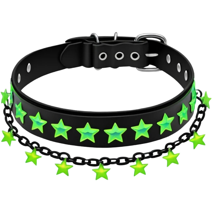 black iridescent thick plastic embroidered collar with neon-green stars and lime-green chains on it   emoji