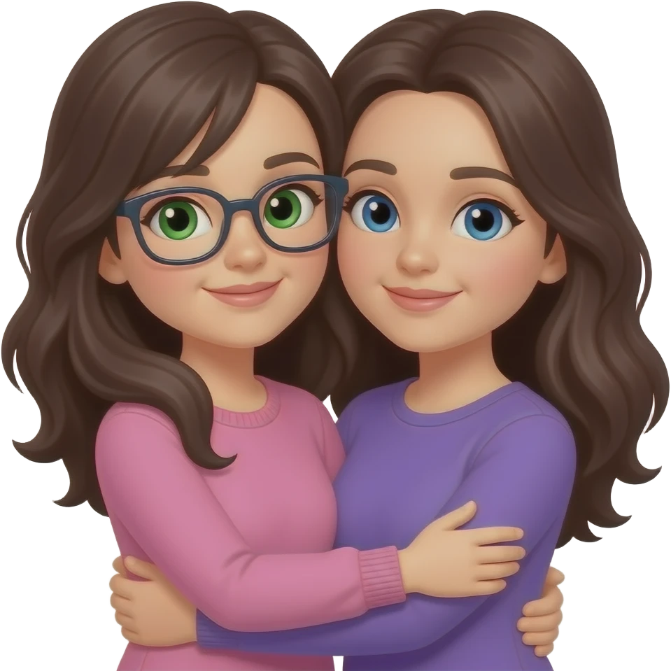 Two women with dark brown hair, one with glasses and green eyes wearing pink and the other with blue eyes wearing purple,  hugging, a besties emoji emoji