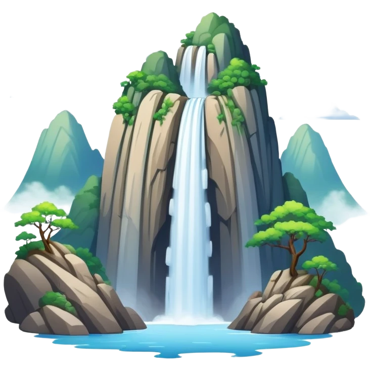 Mount Lu waterfalls and mist Jiangxi, simplified emoji style with bold outlines and bright colors, cartoon style misty mountain with waterfall emoji