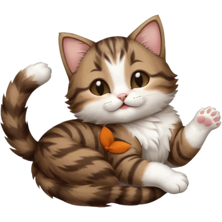 dark brown tabby and white kitten with his eyes closed whilst in funny positions stretched out and  upside down emoji