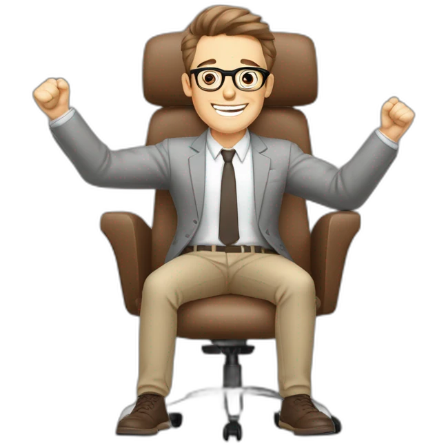 Joyful Celebrating victory Hands up Pale skinned Fit Man With dark brown hair in gray jacket, beige office shirt, Brown pants and vintage glasses sitting In a soft chair emoji