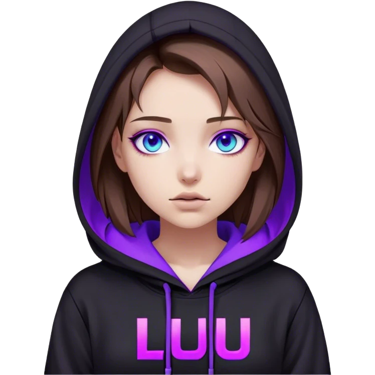 girl brown hair blue eyes wearing black hoody with violet letters "Lu" in the hood without a face. Cyberpunk style. Violet neon. emoji