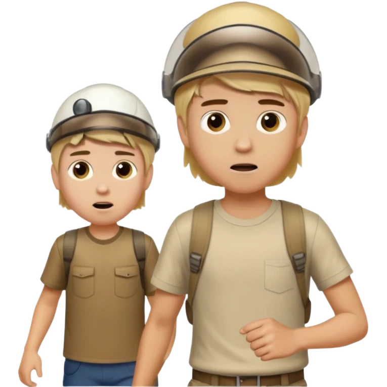 A boy with long blonde hair who is scared and being chased by tall boy with brown short hair who is wearing visors emoji