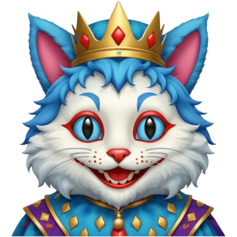 crazy colorful cute little cat jolly joker from poker, medieval, vintage, court jester, mac os squared icon, blue color emoji
