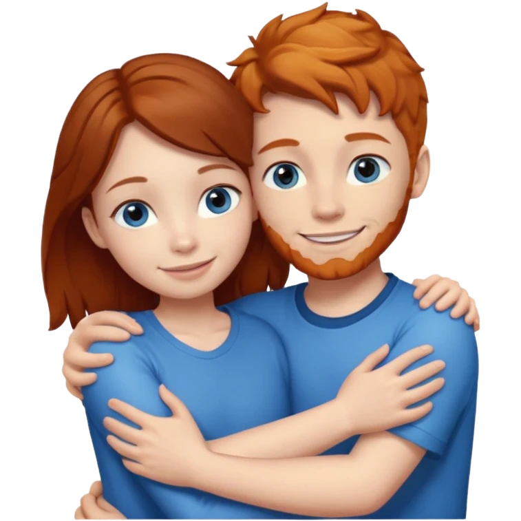 Ginger boy without facial hair hugging girl with dark brown hair. Both have blue eyes.  emoji