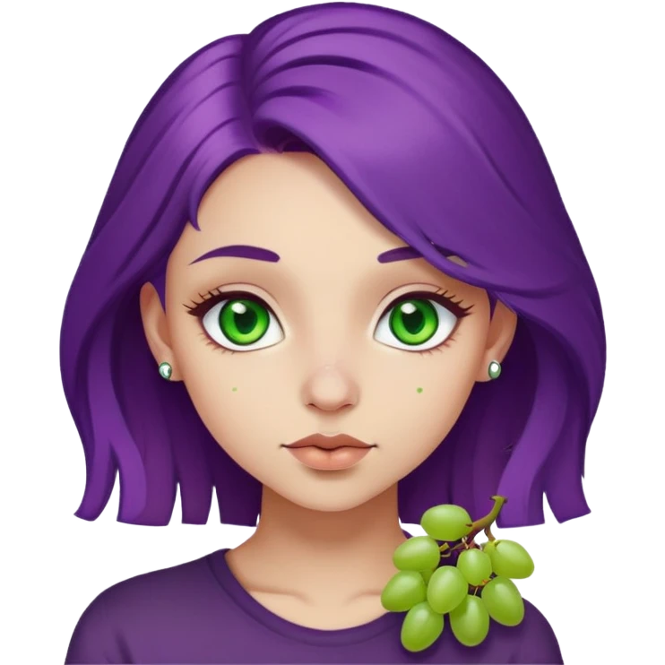 girl with green eyes, grape purple hair, a nose piercing, light skinned and really pretty emoji