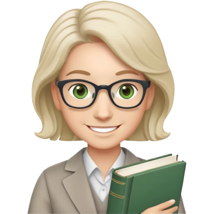 smiling English teacher with airtouch hair and grey-green eyes holding books and teaching materials emoji