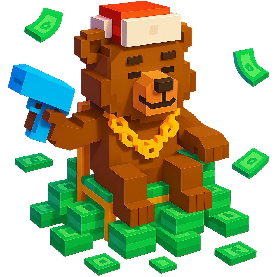 Russian grizzly bear with a rapper chain and a money gun, sitting on a throne of cash, in a nightclub setting emoji