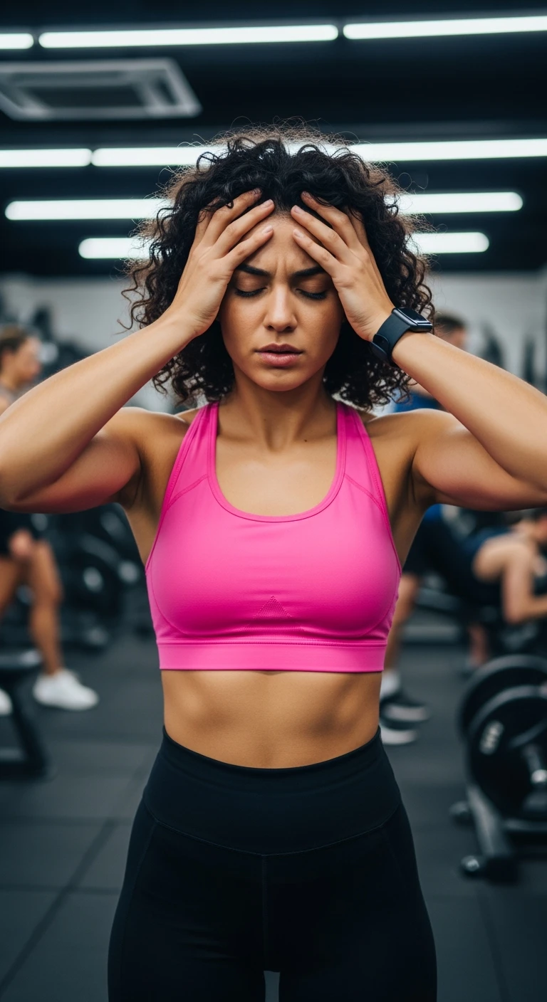 DONNA FITNESS STRESSATA CHE SI TIENE LE MANI SULLA FRONTE, IPERREALISTICA 4K emoji
