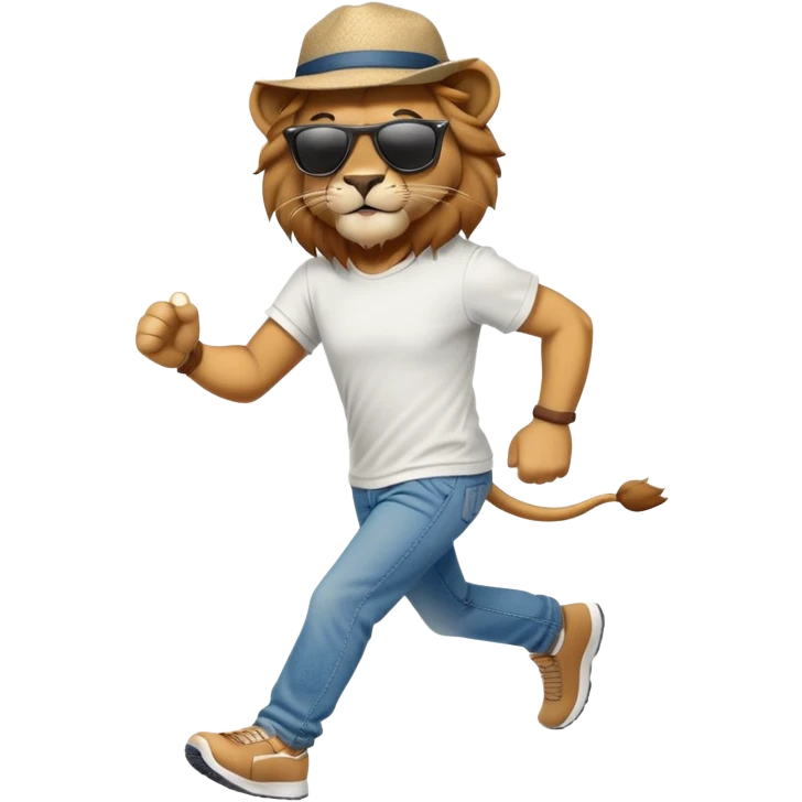 friendly anthropomorphised lion in jeans and a t-shirt, wearing dark sunglasses and a hat, jogging upright in standard pose emoji