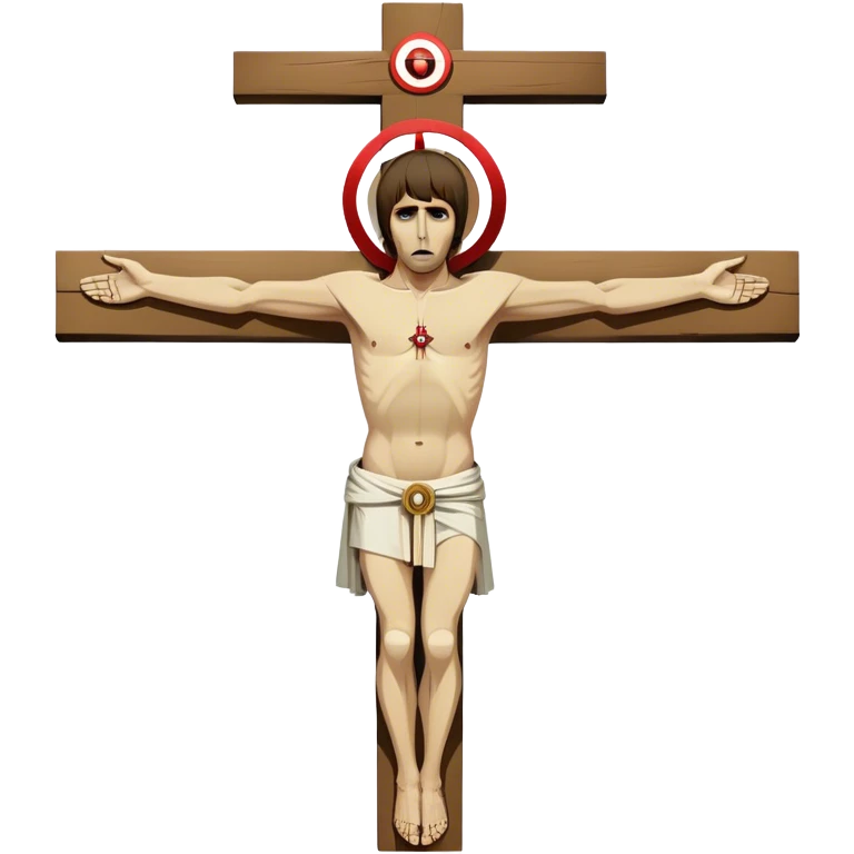 Crucified Liam Gallagher in the style of Jesus full body on cross with mod target on his robes emoji