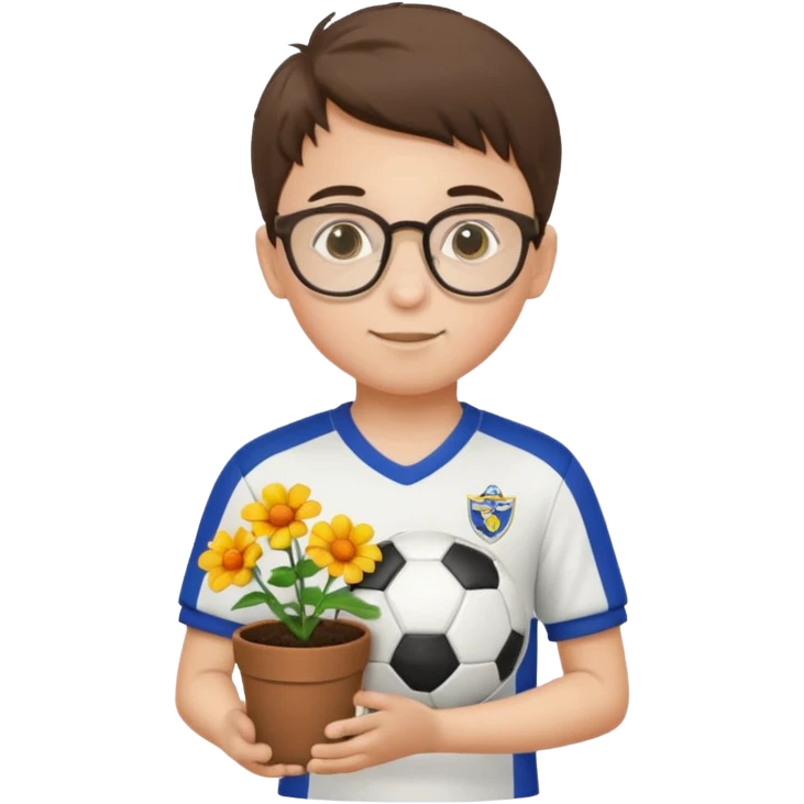 young boy wearing glasses, wearing soccer uniform, holding a flower pot emoji