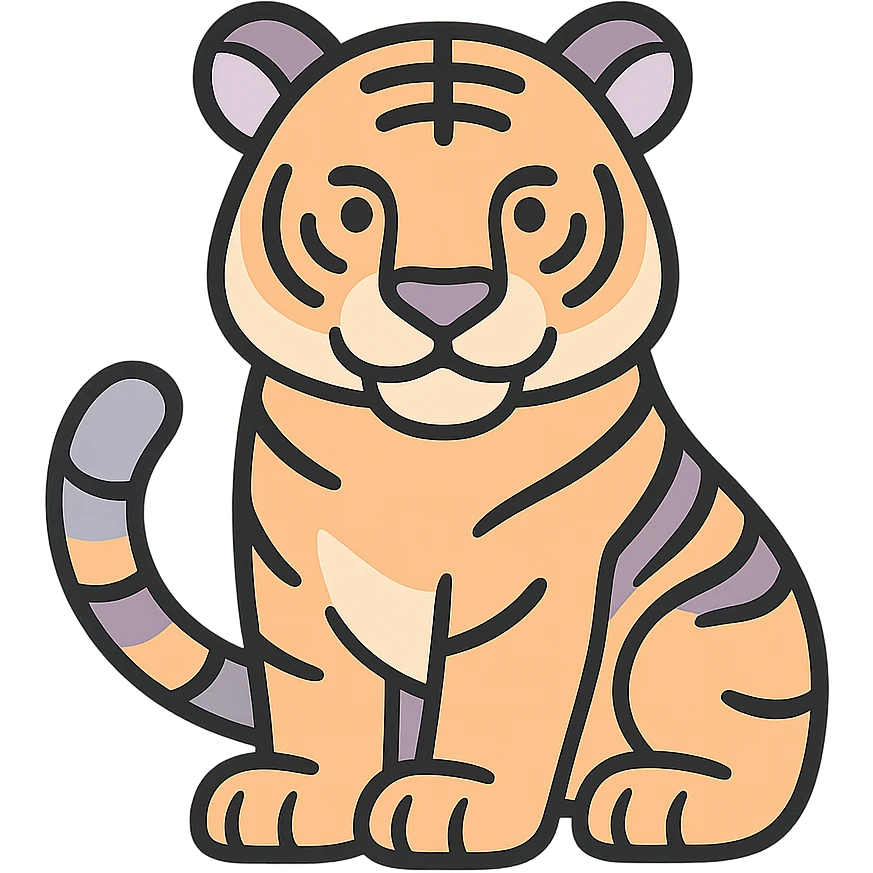 tiger, symbol of the year in feng shui, Chinese eastern style, thin clean contours, soft rounded shapes, pastel palette #98B5BC, #B5B3C1, #C9A3C9, #E4C0CA, #F7DCD1, #F7C0AA, detailed shadows and highlights, soft lighting, transparent background, less cute, no decorative elements emoji