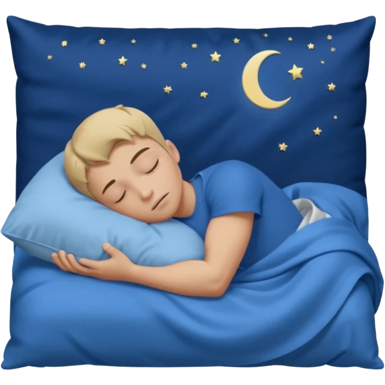 “A young muscular male with short dark-blonde hair and medium-light skin, wearing blue cloth. He sleeps on his side, holding a soft white pillow, his head on a smooth blue pillow. A sleeping symbol floats above him in the dark, nighttime scene. A flowing blue blanket with silky folds covers him. emoji