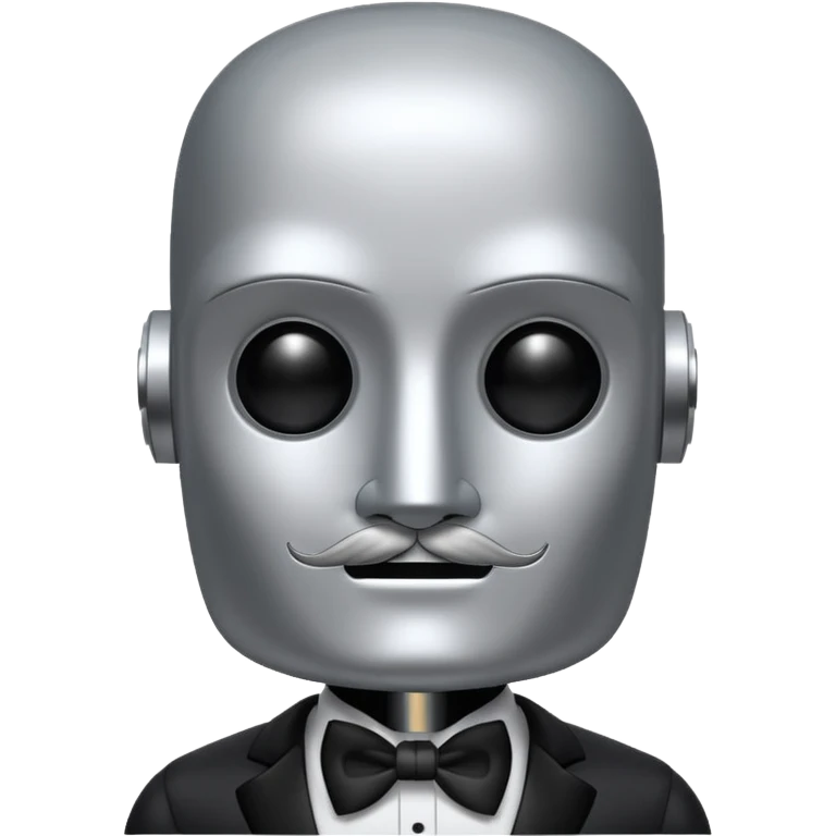 Silver robot with a square head, no hair, no pupils, thick moustache, wearing a tuxedo, buff emoji