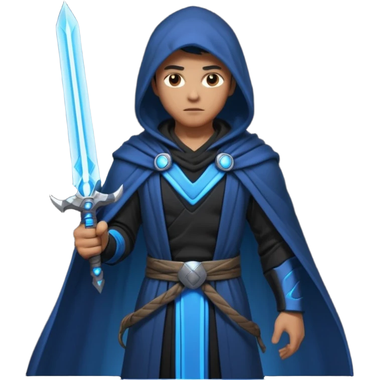 sci-fi space warrior human, glowing energy sword, hooded robe, heroic stance, 3D cartoon, mobile game character icon, clean background, no text
 emoji