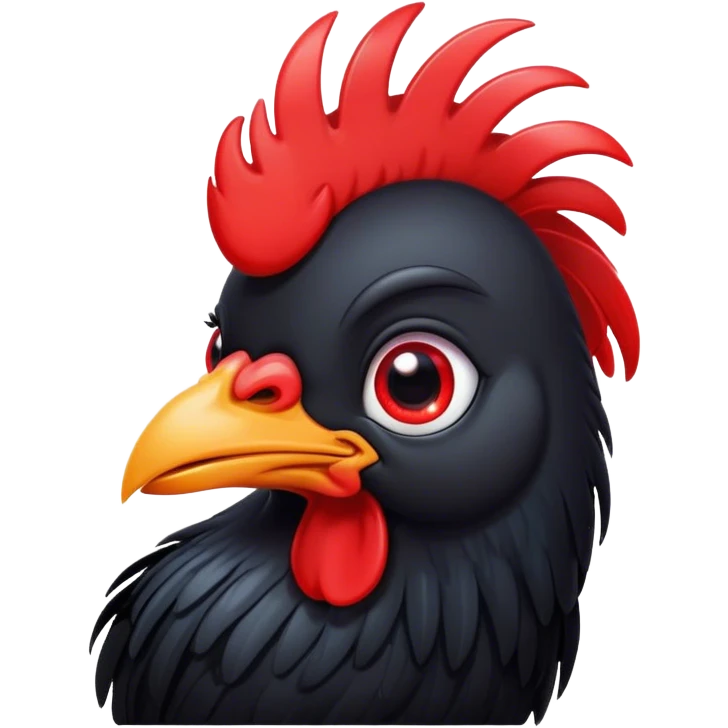 Cinematic Cute Black Rooster Portrait Emoji, Head tilted playfully and inquisitively, featuring a glossy, immaculate black plumage with a vibrant red comb, round, sparkling eyes filled with curiosity, Simplified yet irresistibly adorable features, highly detailed, glowing with a warm, friendly glow, high shine, affectionate and spirited, stylized with a touch of farmyard whimsy, bright and endearing, soft glowing outline, capturing the essence of a mischievous yet loving rooster, so playful it feels like it could strut out of the screen and into your arms! emoji