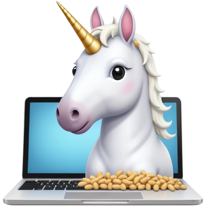 Unicorn coding on a laptop, with peanuts all over the computer emoji